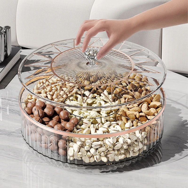 干果盘家用客厅瓜子盘2025年新款零食糖果盒旋转收纳盒分格坚果盘