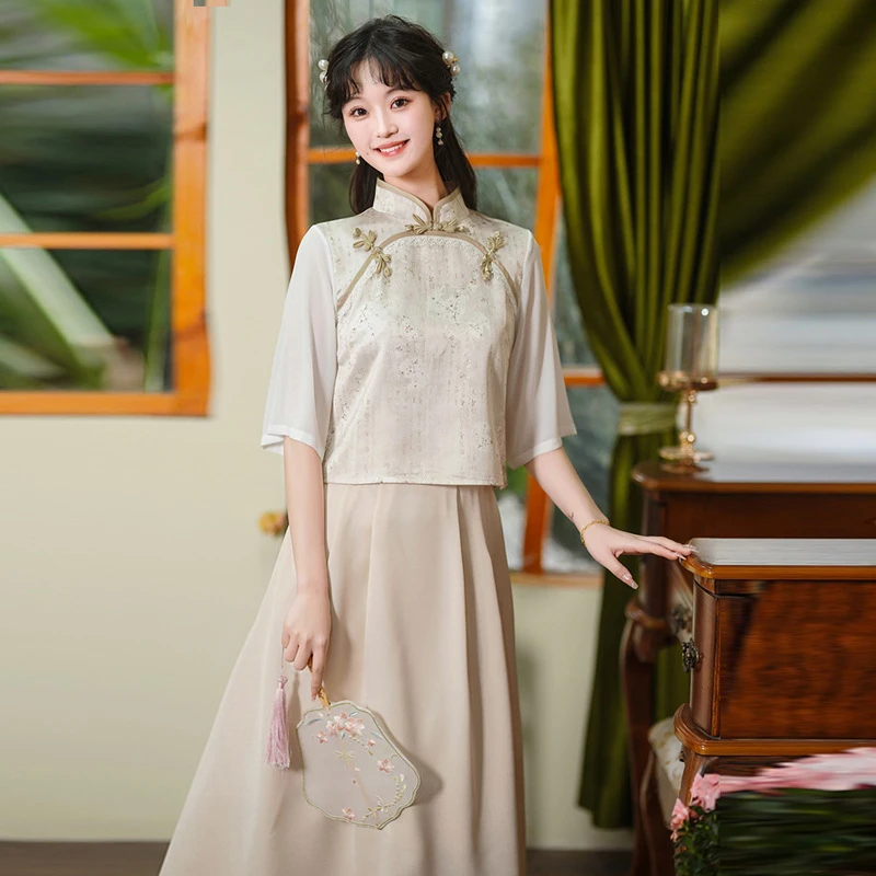 实拍新中式刺绣春季新款国风小清新穿搭两件汉汉装