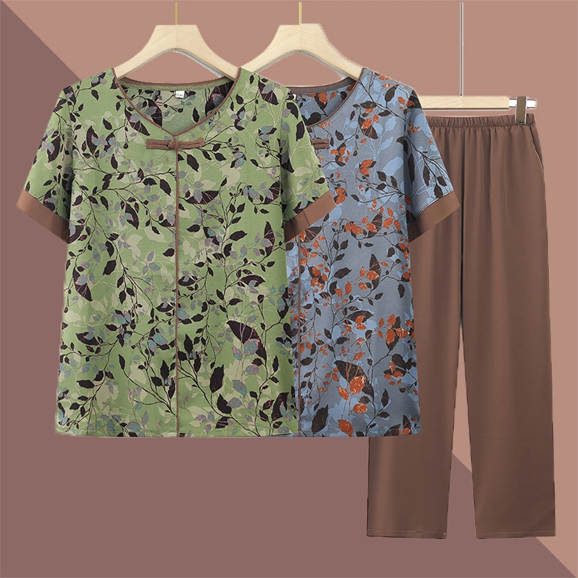 奶奶装夏季老年人碎花短袖套装妈妈夏装中老年女装宽松休闲两件套