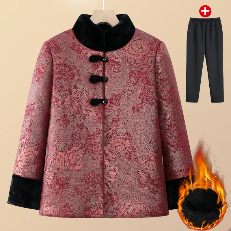 老年人冬装女棉服奶奶加绒加厚棉衣70岁80妈妈大码外套老太太棉袄