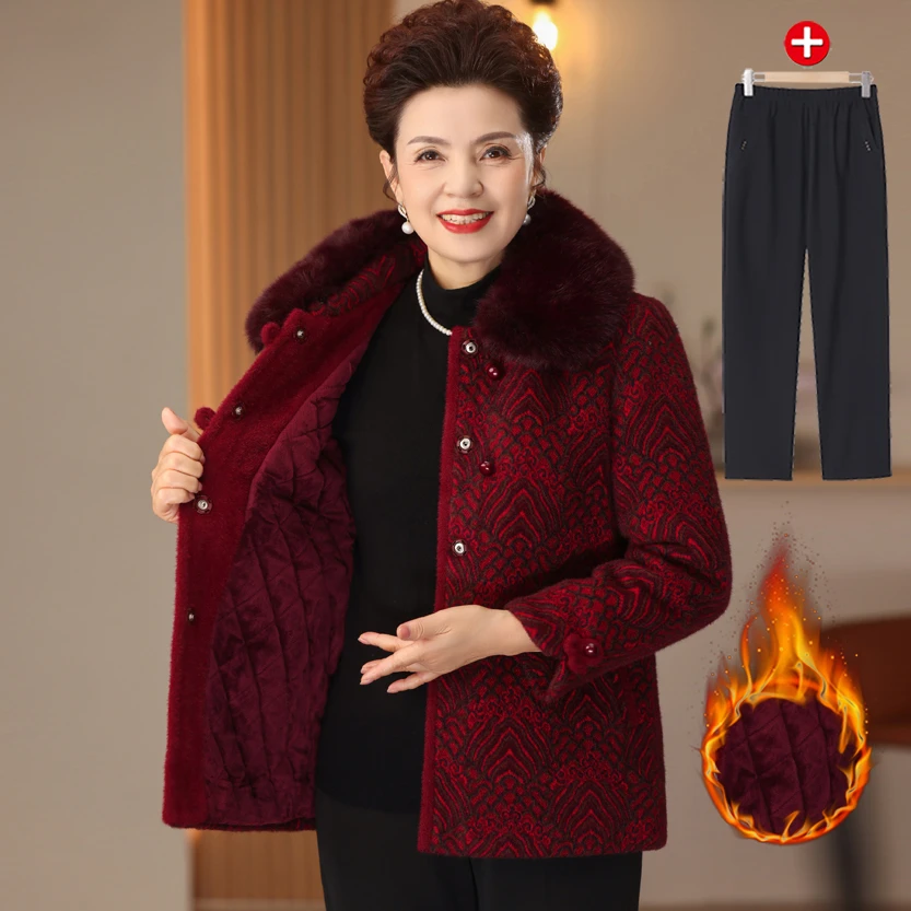 中老年人冬装女妈妈大衣毛领棉上衣加厚棉袄太太衣服奶奶加绒外套