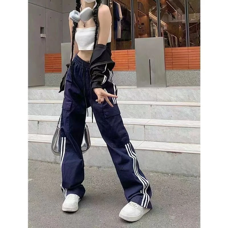 vibe高街美式抽绳2023春秋季新款藏青色ins潮工装阔腿长裤直筒裤