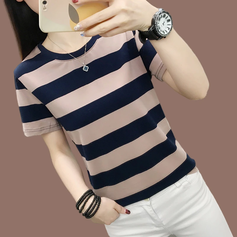 棉质短袖t恤女士夏季洋气大码显瘦半袖宽松妈妈条纹圆领微胖上衣