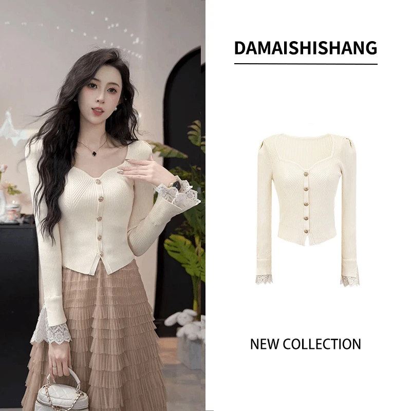 2024年秋季法式白色上衣蕾丝花边针织衫女复古显瘦修身毛衫打底
