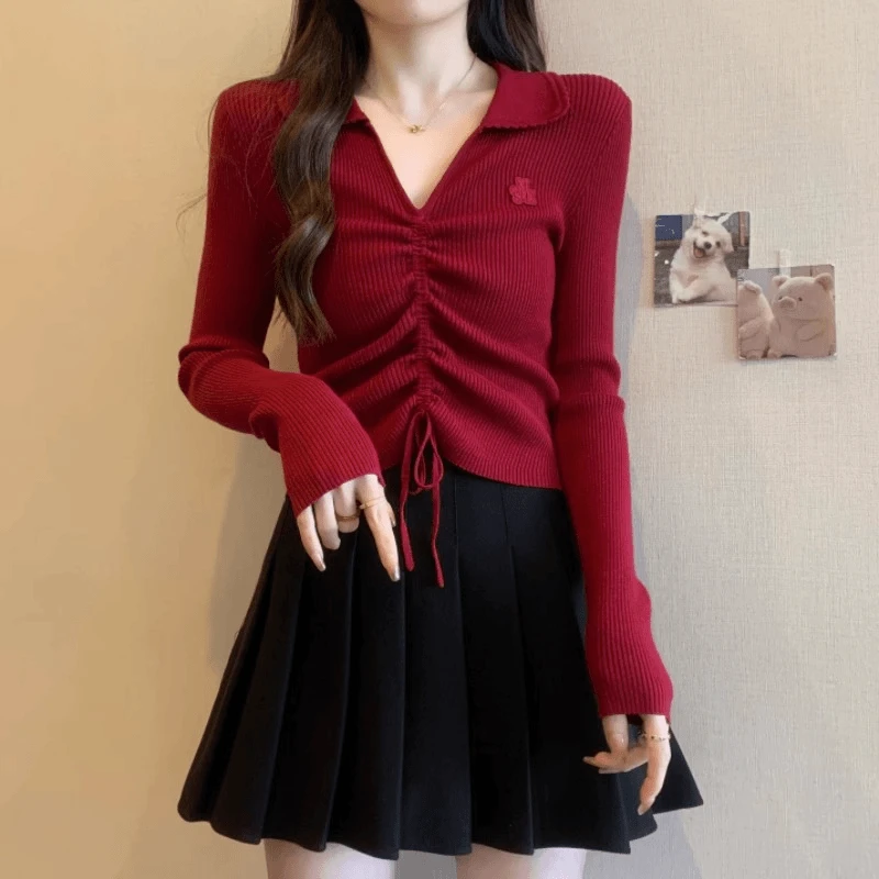 安哥拉红V领针织衫女2024春秋漂亮小衫不规则抽绳打底衫上衣