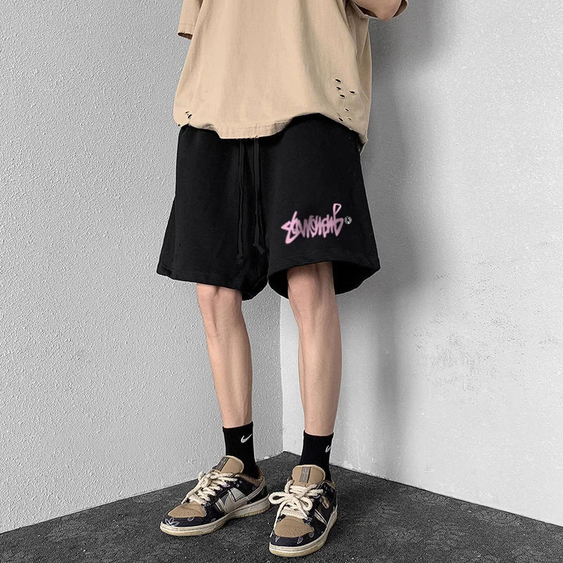 创意字母印花休闲运动短裤男夏季百搭宽松ins街头阔腿抽绳五分裤