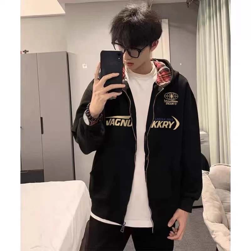hiphop美式字母印花拉链开衫外套男秋季潮牌复古休闲格子连帽卫衣