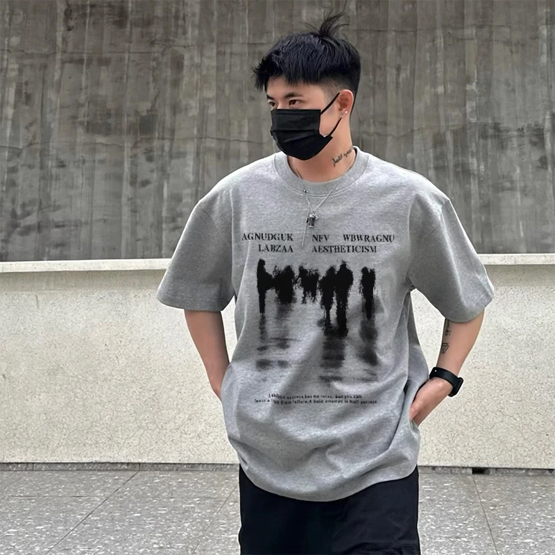 ins潮牌新款宽松百搭纯棉短袖T恤男设计感人物男士字母印花上衣服