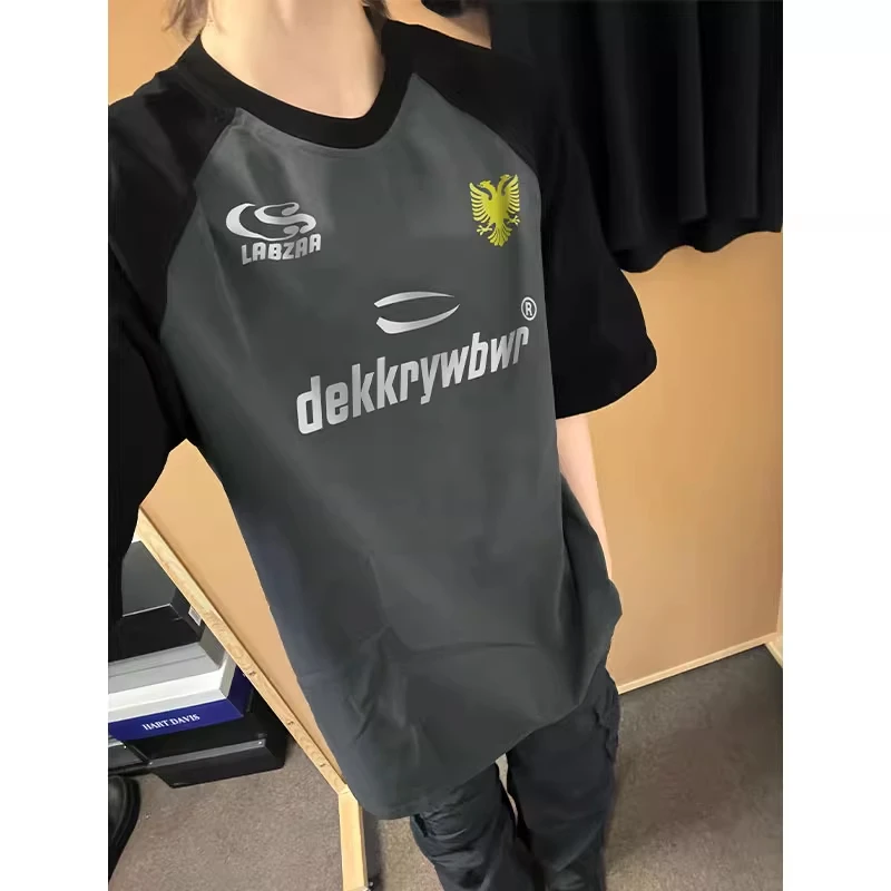 夏季国潮牌男女百搭黑拼深灰色插肩上衣新款字母印花纯棉短袖T恤