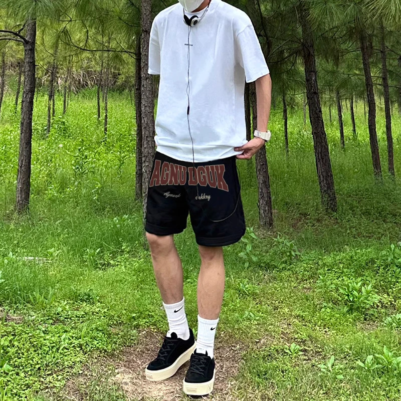 美式街头风创意字母印花五分休闲短裤2025夏季男女百搭抽绳运动裤