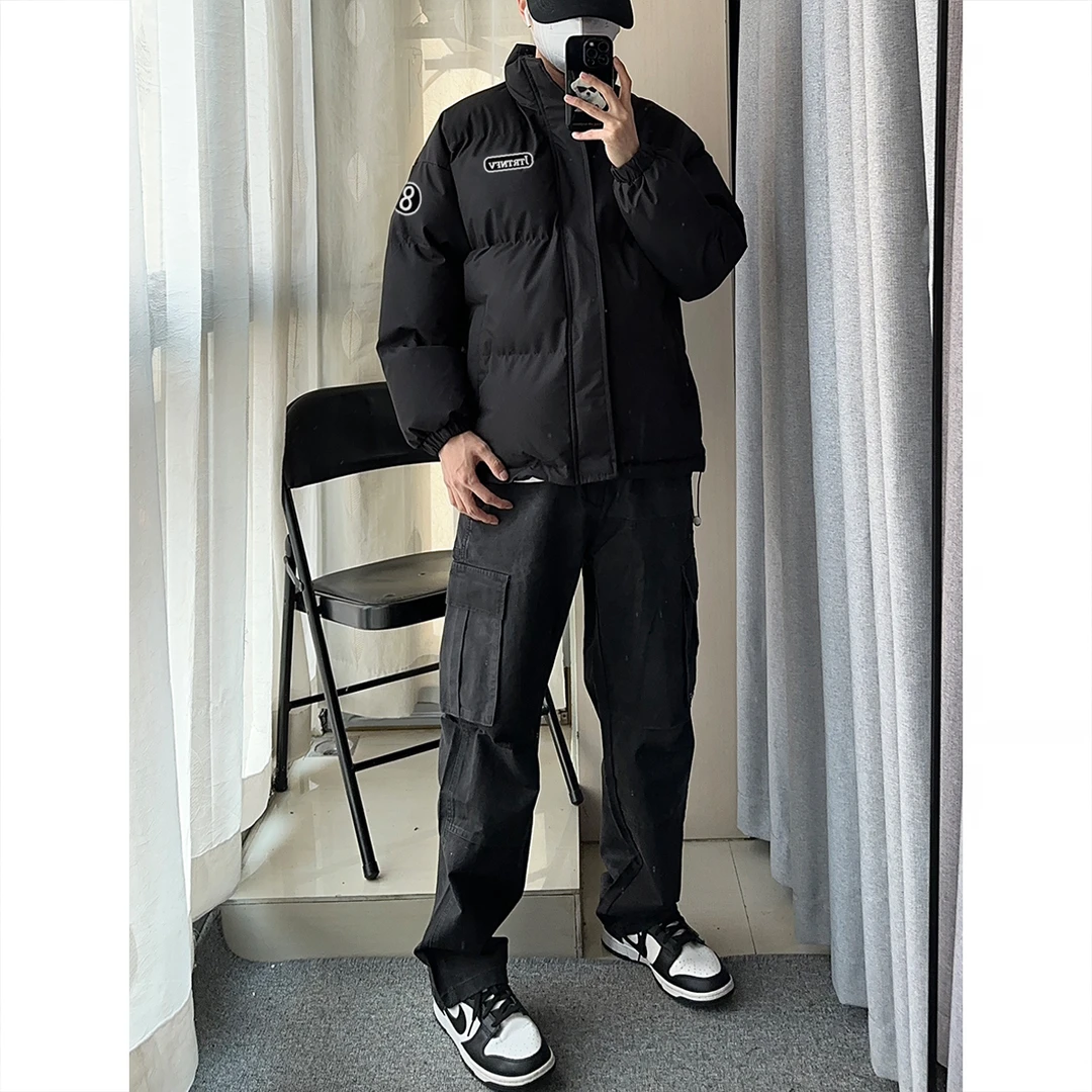 美式潮牌创意黑8印花立领外套棉服痞帅男冬季高街宽松加厚面包服