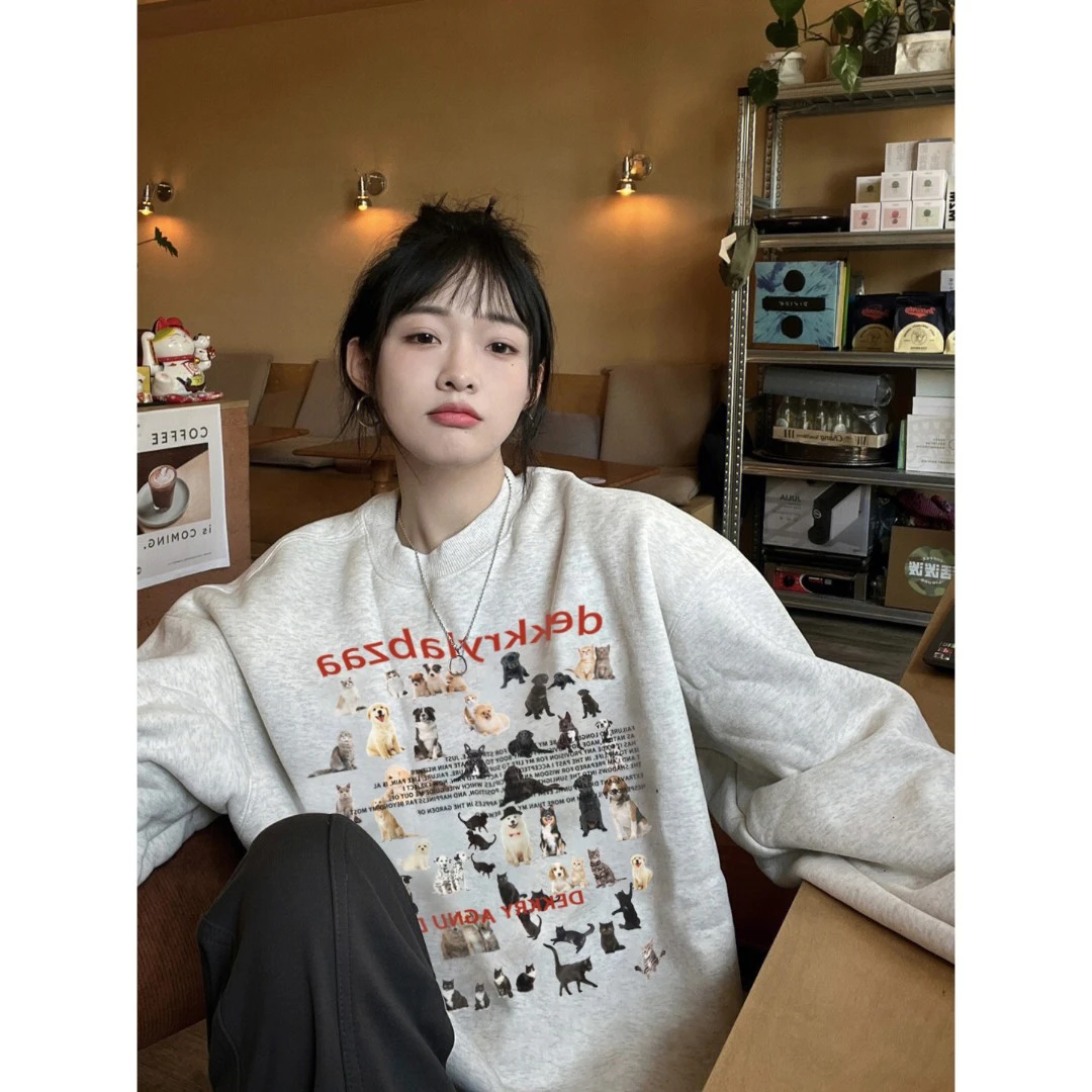 美式复古卡通印花卫衣女秋冬季宽松韩版潮牌设计小众oversize上衣