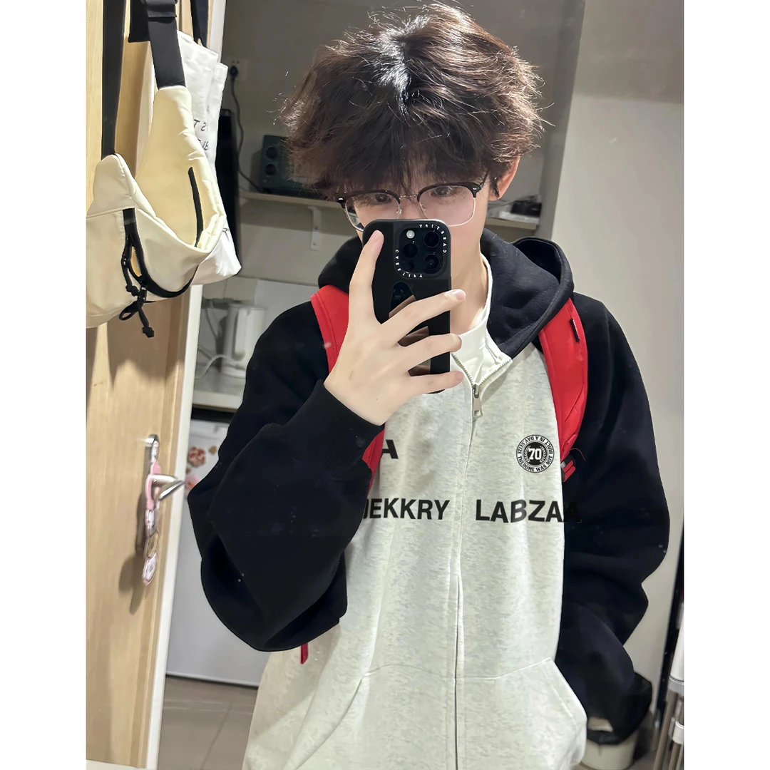 美式ins潮牌撞色原创字母印花连帽卫衣开衫男士秋冬宽松休闲外套