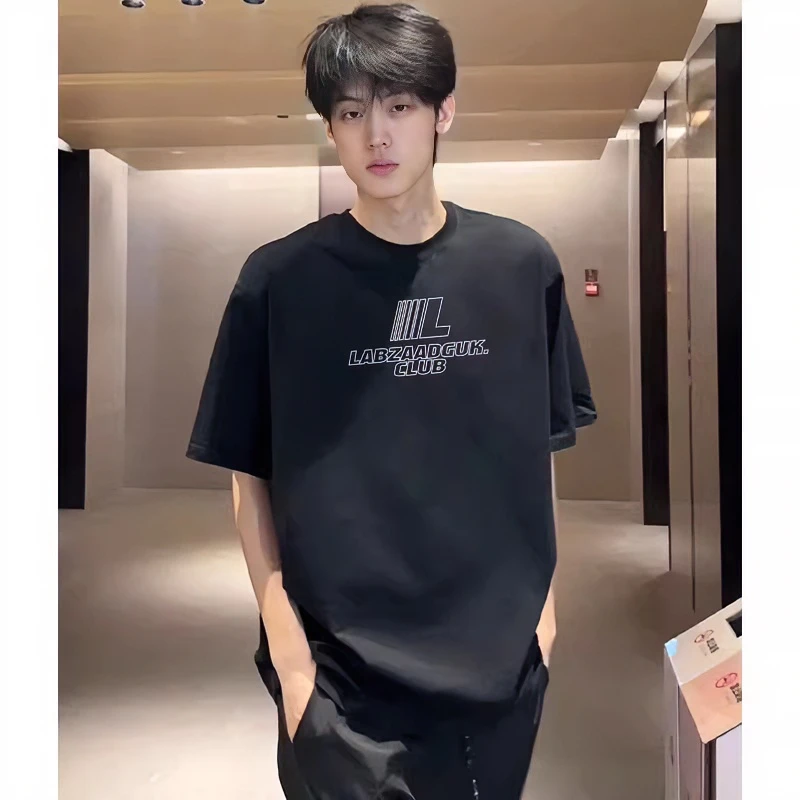 夏季街头宽松百搭棉纯短袖T恤国潮牌原创字母印花正肩圆领上衣男