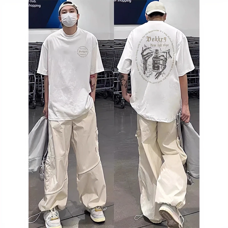 2025夏季新款休闲百搭圆领上衣街头小众设计感印花棉纯短袖T恤男