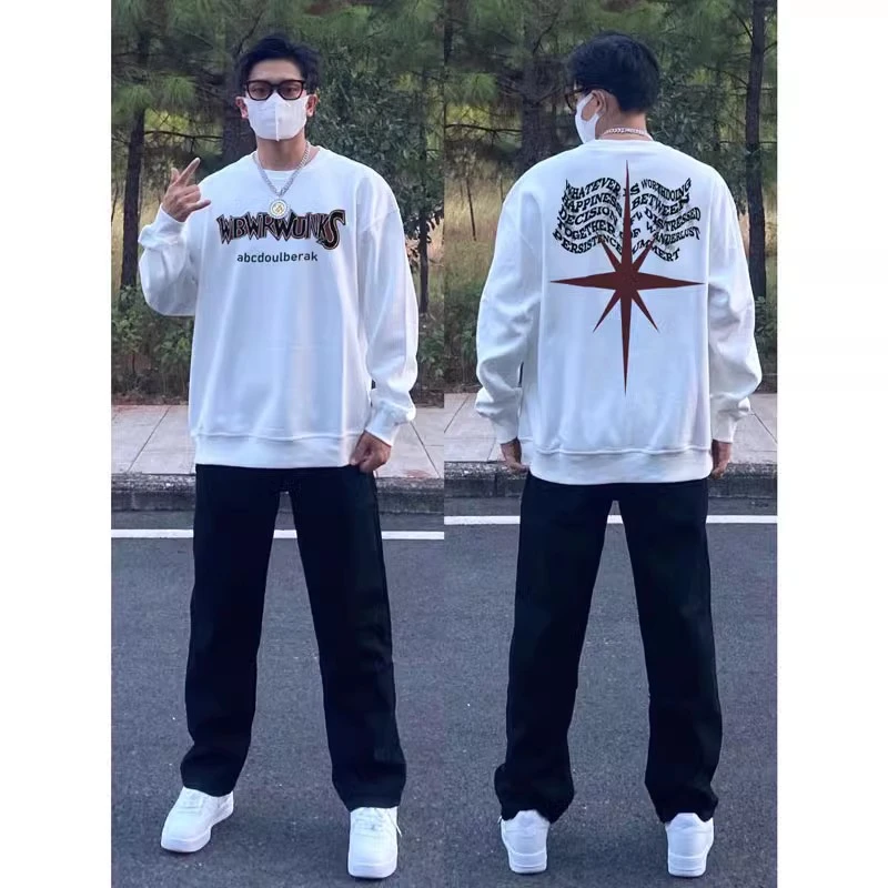 美式vintage星星字母印花秋季男潮牌潮流hiphop街头圆领重磅卫衣