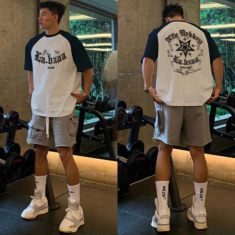 国潮牌创意星星字母印花短袖t恤男夏季百搭宽松纯棉拼接撞色上衣
