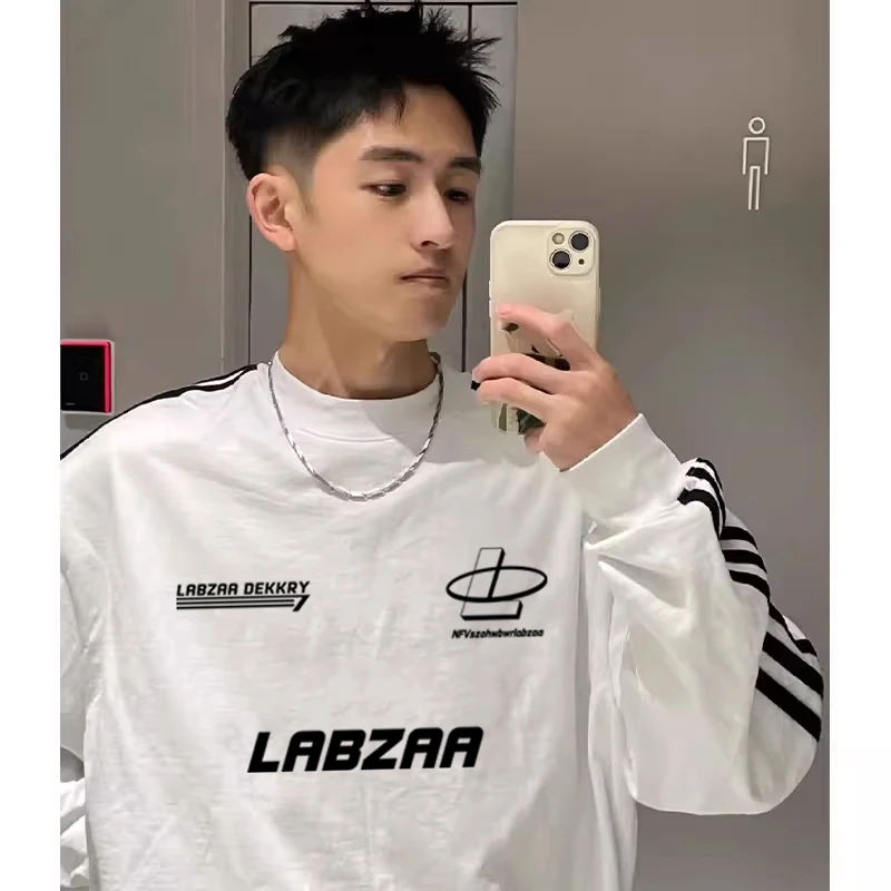 vibe简约字母印花三条杠长袖t恤男秋季潮牌百搭宽松重磅纯棉上衣