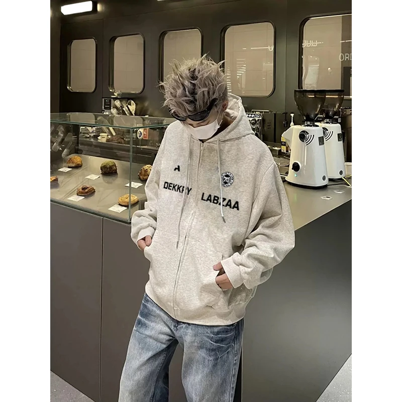 美式个性字母印花开衫连帽卫衣男秋冬季百搭宽松情侣拉链休闲外套