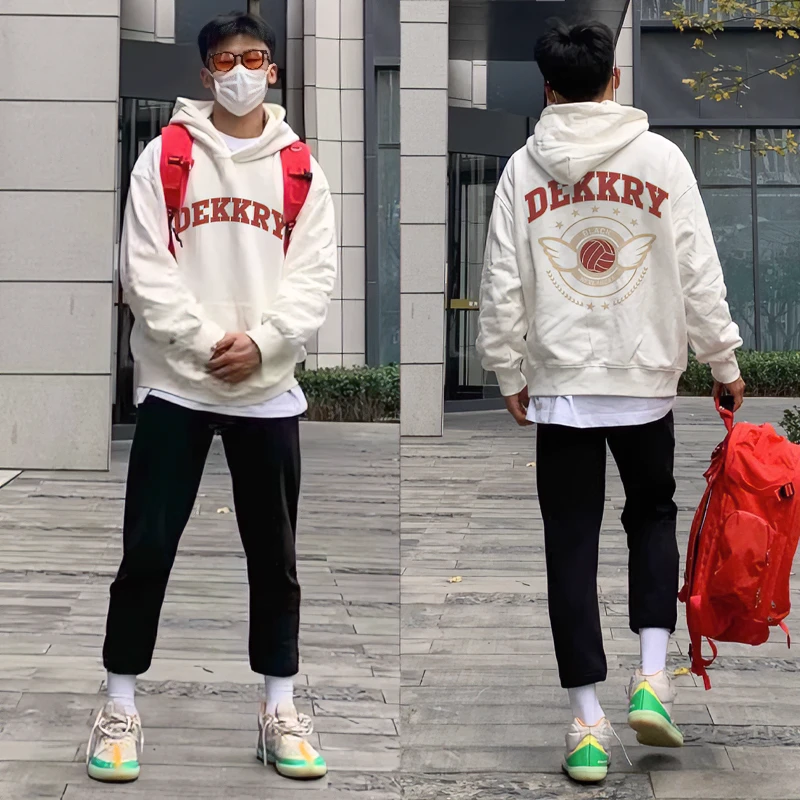 美式潮牌徽章字母印花连帽卫衣男冬季小众设计感加厚宽松加绒外套