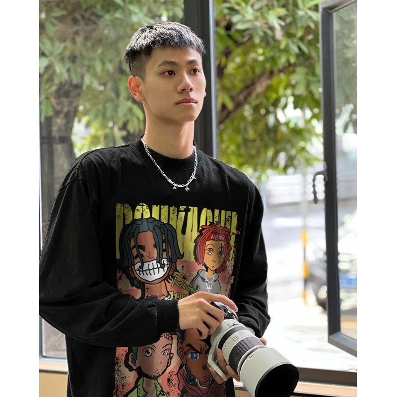 hiphop美式卡通人物印花T恤男秋季潮牌长袖复古高街宽松棉纯上衣