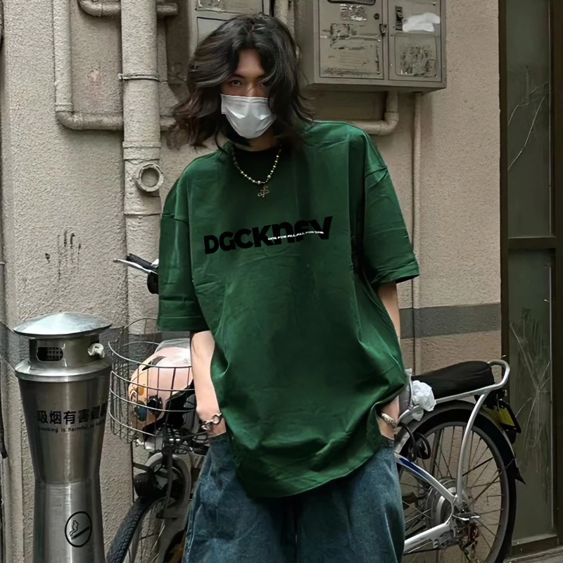 日系复古字母印花无性别t恤男夏ins潮流百搭宽松阿美咔叽棉纯短袖