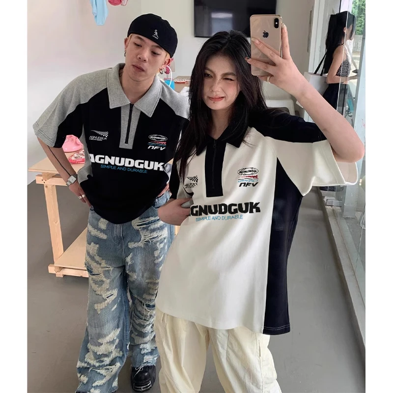 夏季美式Polo衫简约字母印花纯棉短袖男士街头风情侣翻领polo衫