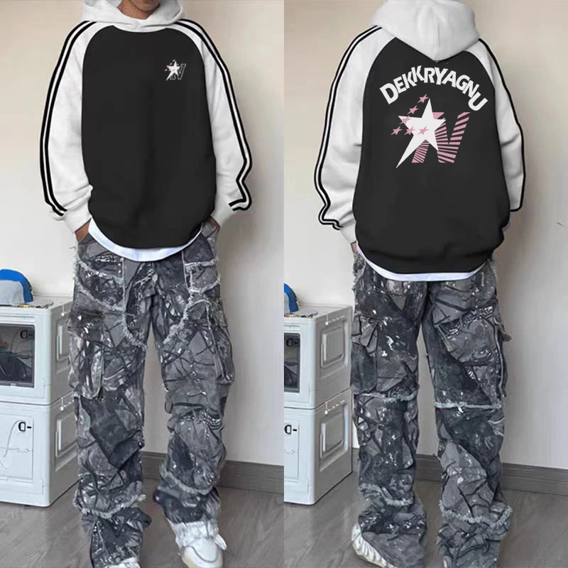 美式高街风星星印花撞色上衣男秋冬季休闲百搭三条杠连帽插肩卫衣