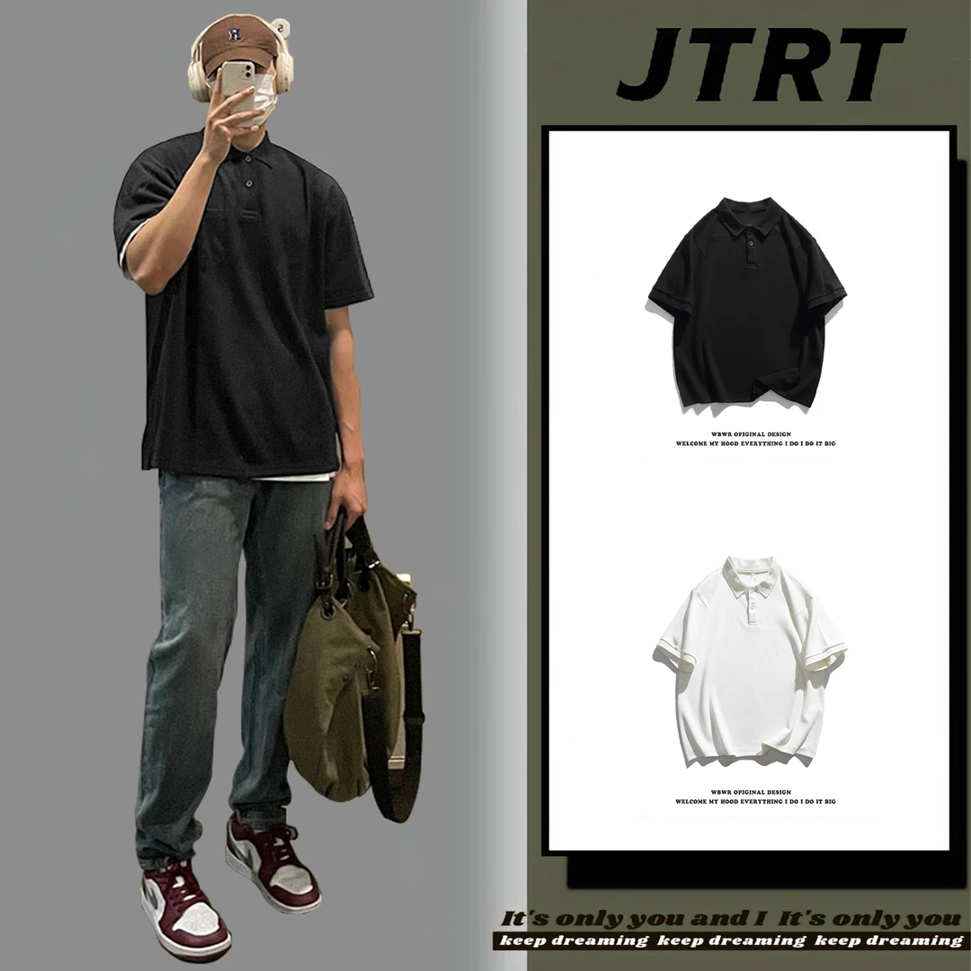 美式polo衫高档男士纯棉短袖T恤盛夏季纯色光板宽松情侣百搭上衣