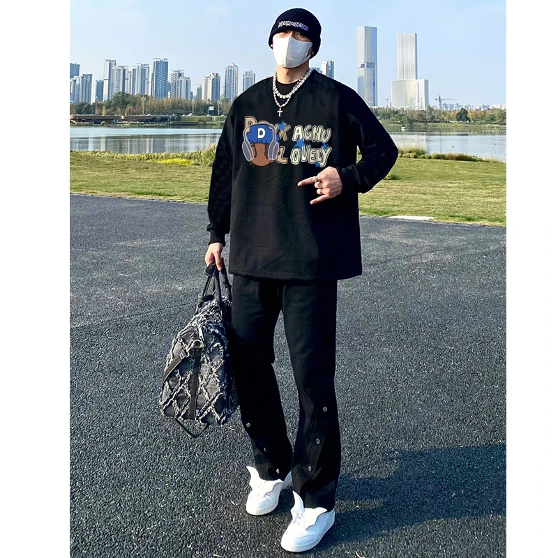 美式高街脏辫男孩字母印花棉纯长袖T恤男春秋季oversize宽松上衣