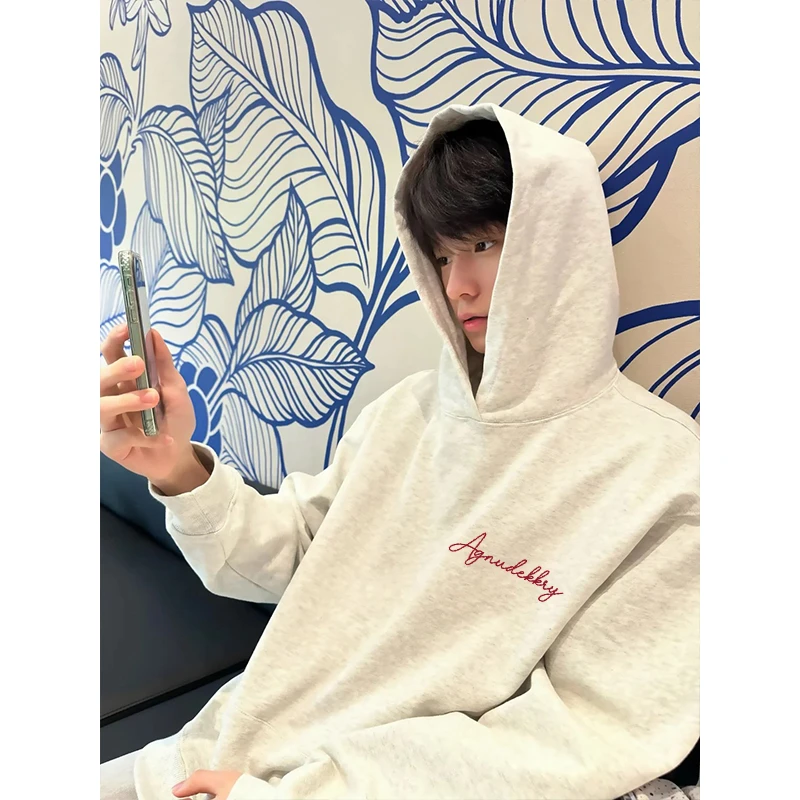美式复古风连帽口袋卫衣男秋季高街个性字母印花休闲宽松重磅上衣
