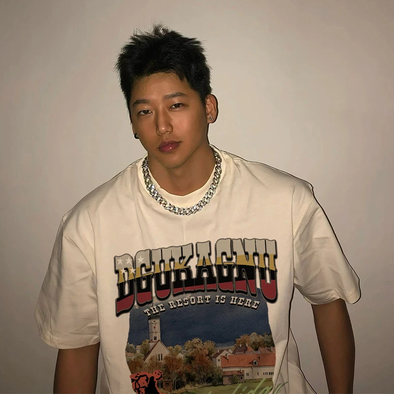 美式复古赛车印花重磅短袖棉纯T恤男夏季ins潮牌街头宽松圆领上衣