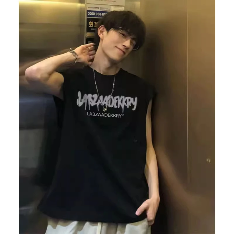 hiphop高街风创意字母印花棉纯运动男款夏季宽松休闲百搭无袖T恤