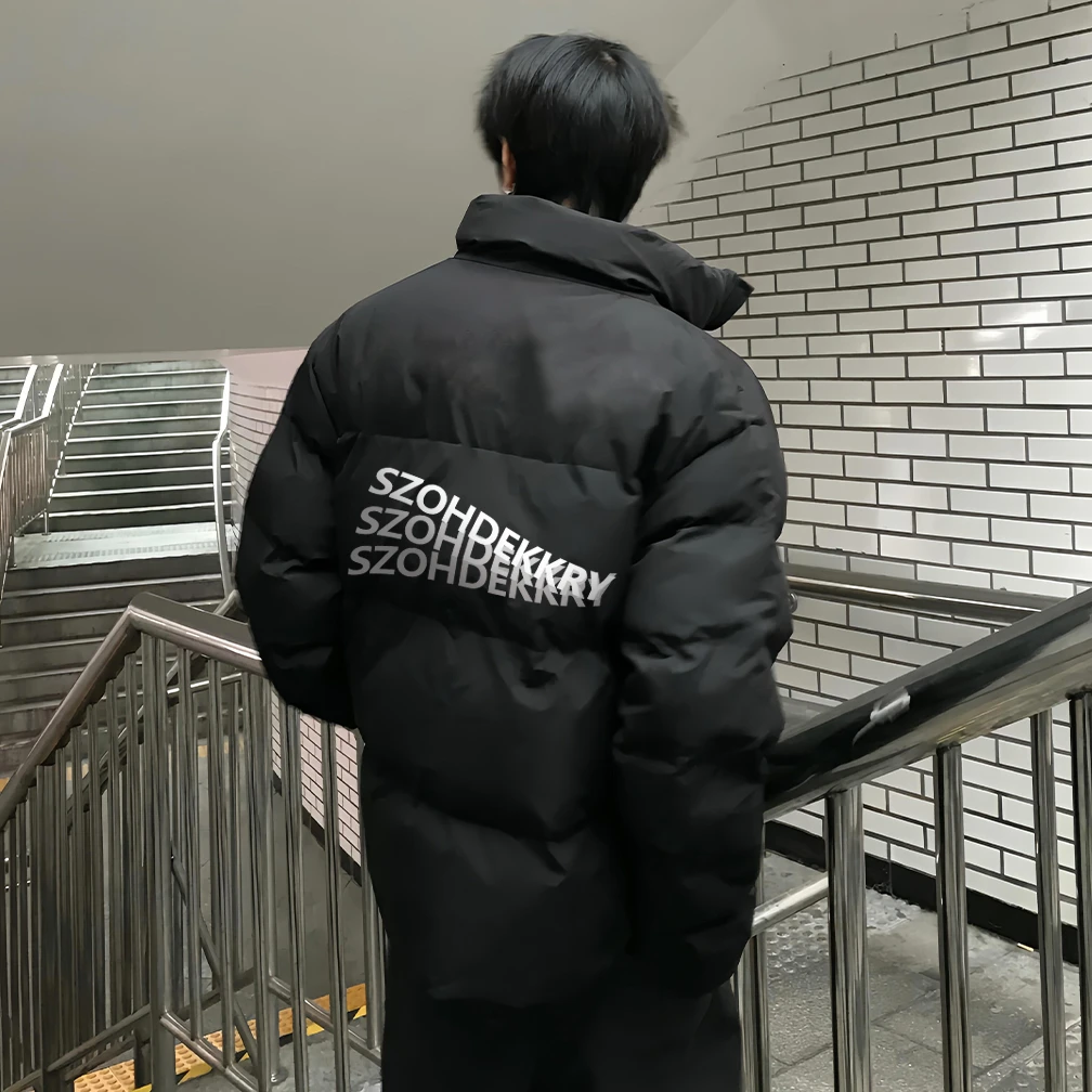 美式创意波浪形字母印花立领棉服男冬季潮牌百搭宽松情侣面包服女