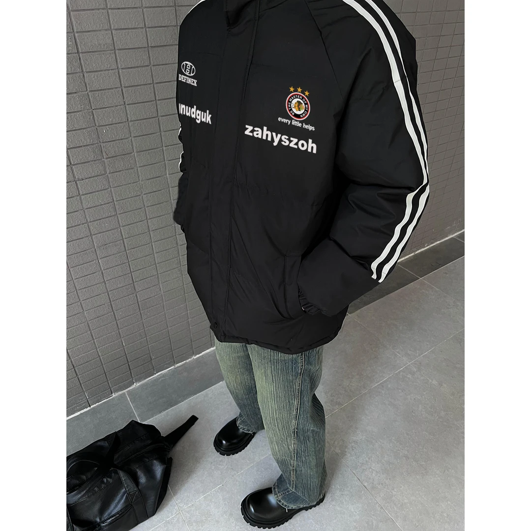 美式ins潮牌设计感徽章字母印花开衫外套男秋冬季百搭三条杠棉服