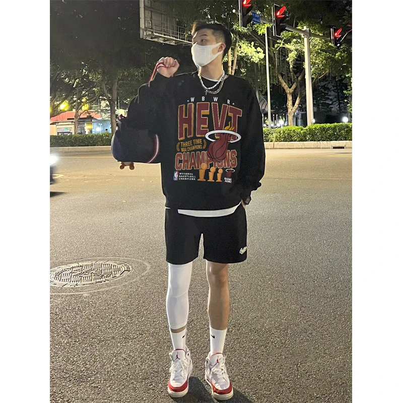 vintage美式嘻哈字母印花圆领无帽卫衣男秋冬季潮牌高街宽松上衣