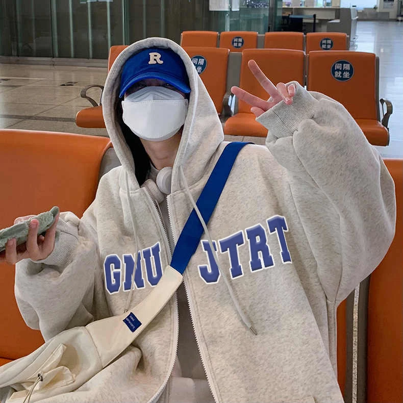开衫卫衣女ins美式潮牌秋冬宽松上衣服港风潮流百搭字母连帽外套