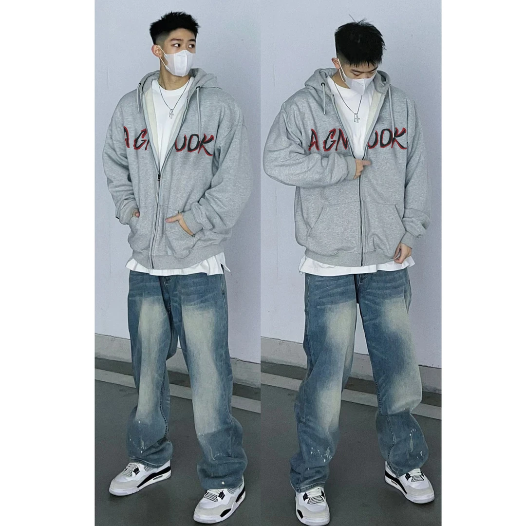 ins潮牌小众设计感字母印花连帽拉链开衫卫衣男oversize加绒外套