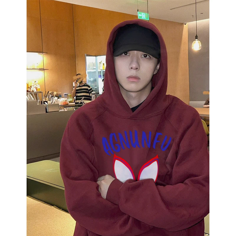 ins美式潮牌设计感眼镜字母印花连帽套头卫衣男秋冬宽松加绒外套