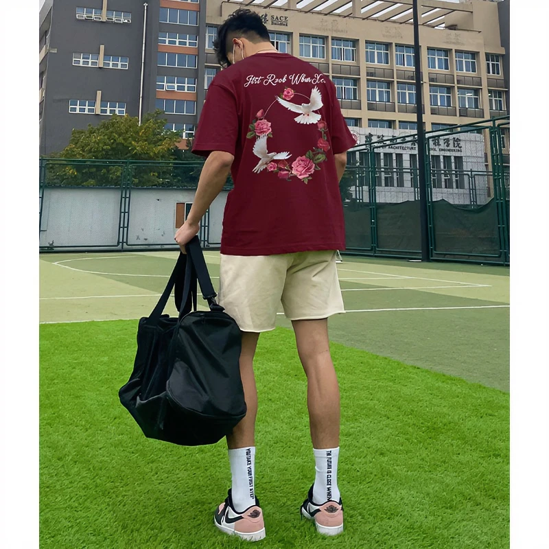 ins小众设计感和平鸽子花卉印花棉纯短袖T恤男oversize休闲风上衣