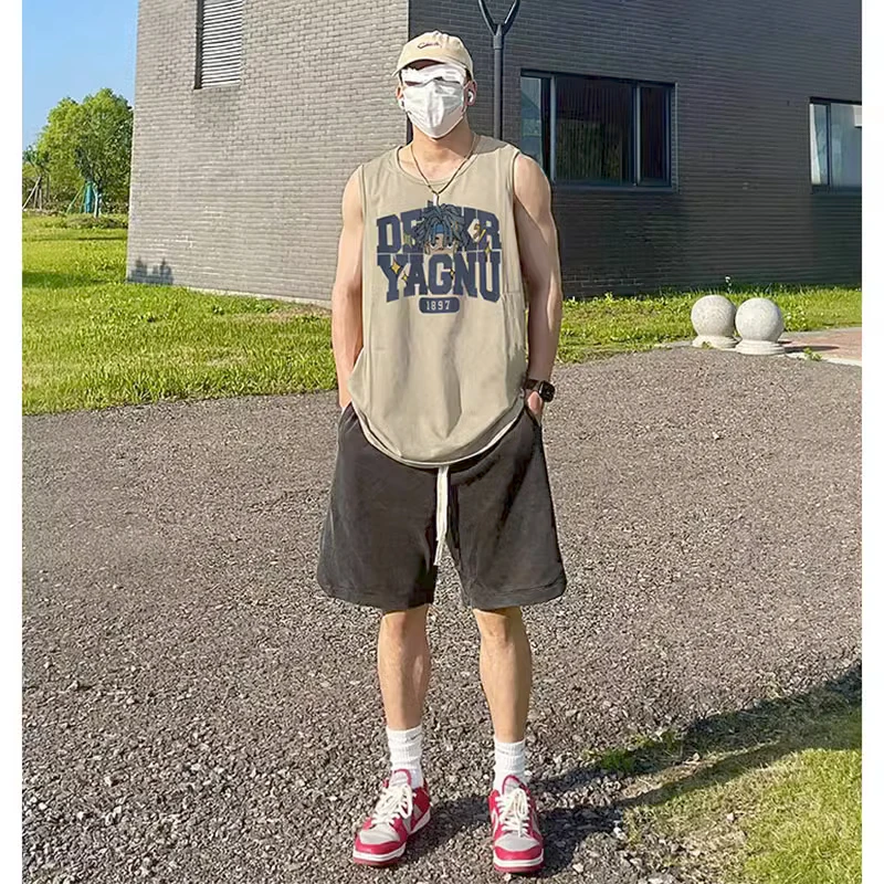 美式趣味字母卡通印花重磅透气棉纯运动运动男夏痞帅坎肩无袖上衣