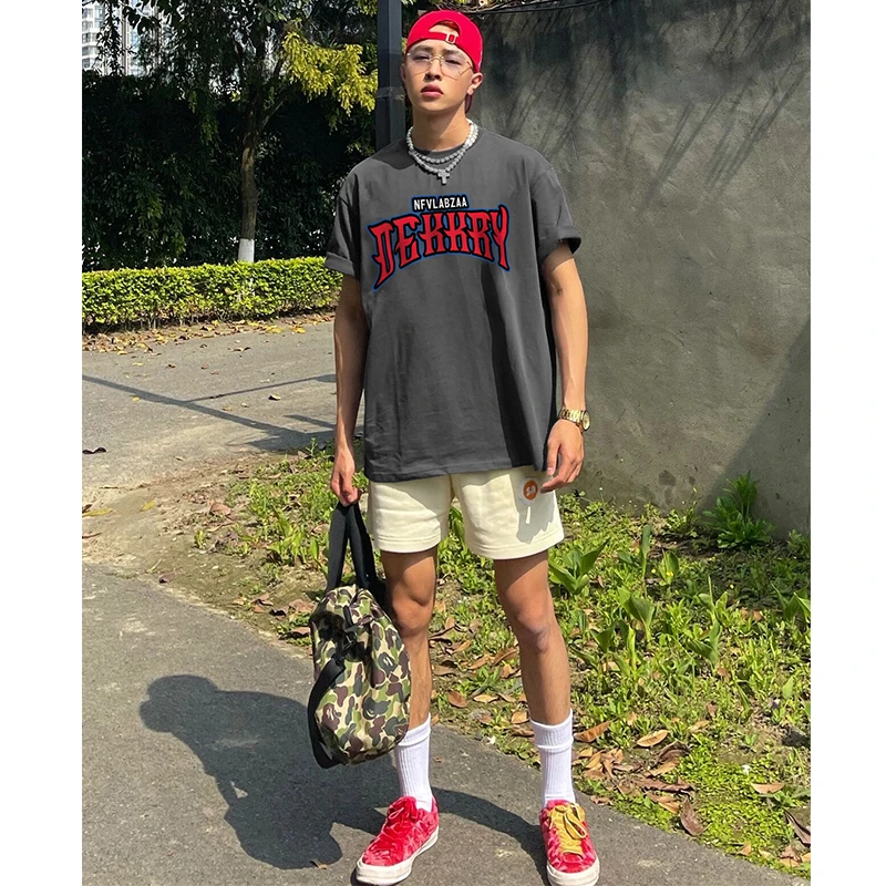 夏季美式嘻哈字母印花棉纯短袖T恤男潮牌设计感小众宽松情侣上衣