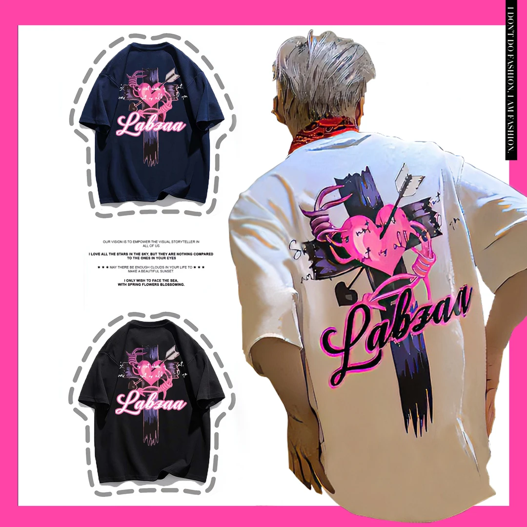 hiphop美式十字架爱心印花短袖男夏季ins潮牌高街嘻哈宽松棉纯T恤