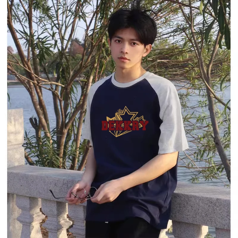 美式潮牌星星印花灰拼藏青色插肩上衣男夏季个性百搭纯棉短袖T恤