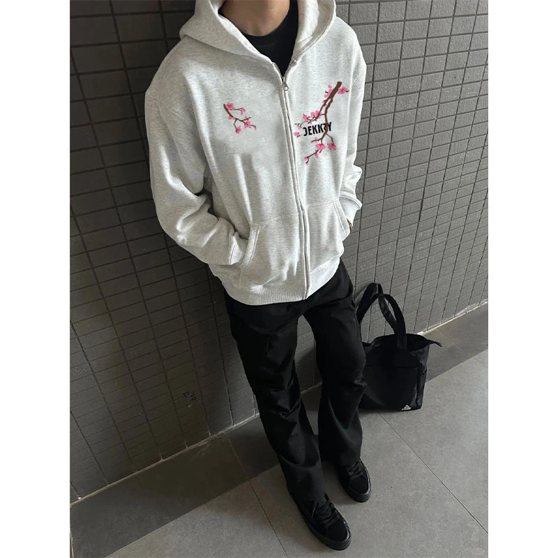 国潮高级感梅花印花重磅连帽拉链外套男士冬季百搭白灰色开衫卫衣