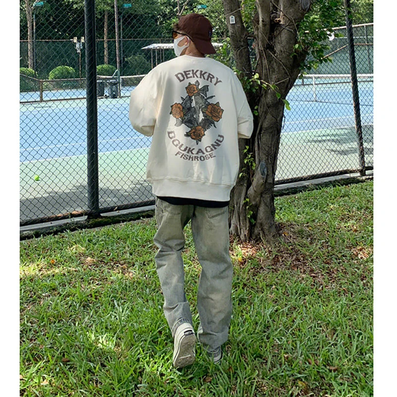 hiphop嘻哈复古玫瑰印花加绒圆领卫衣男ins潮牌小众街头情侣上衣