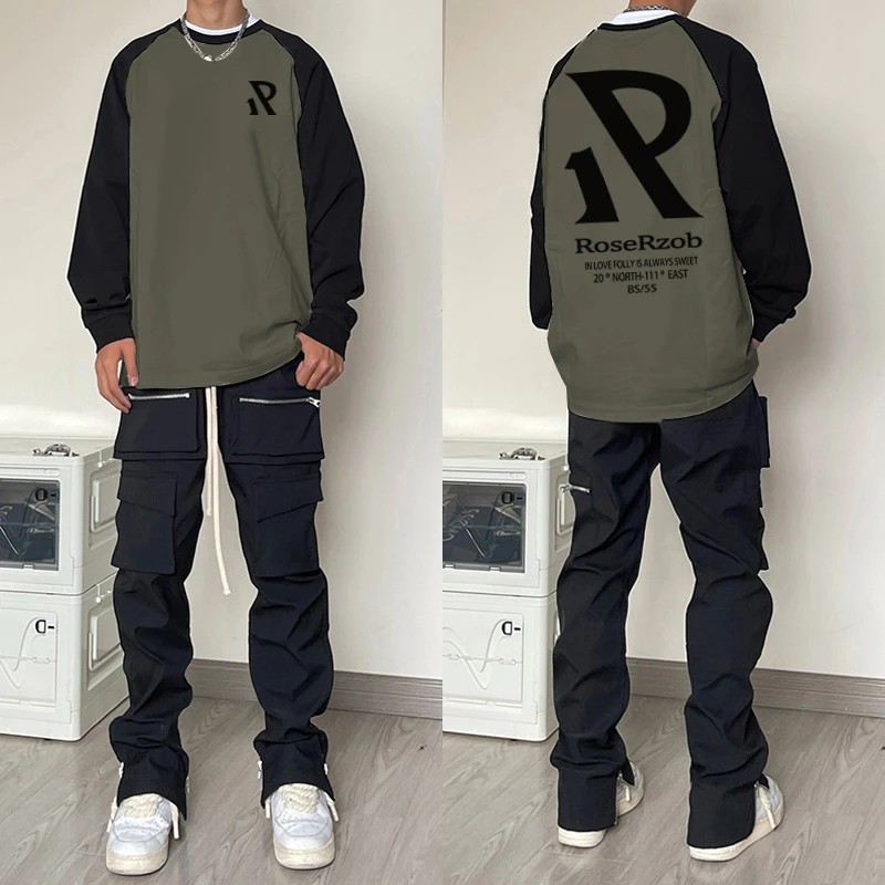 美式小众字母印花拼接长袖t恤男秋季ins潮牌休闲百搭棉纯插肩上衣