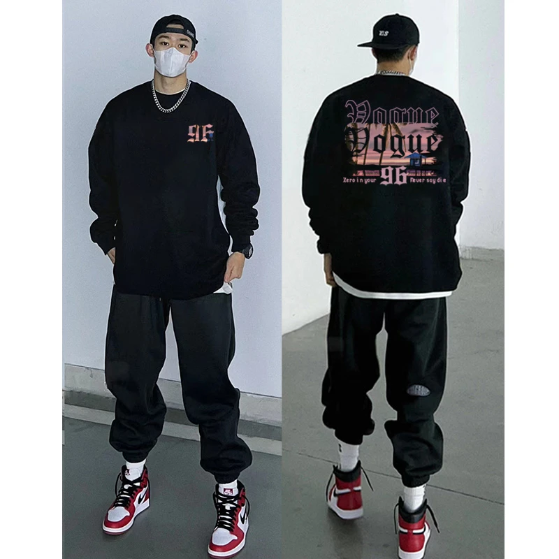 ins嘻哈潮牌设计感新款数字字母印花长袖棉纯t恤男hiphop圆领上衣