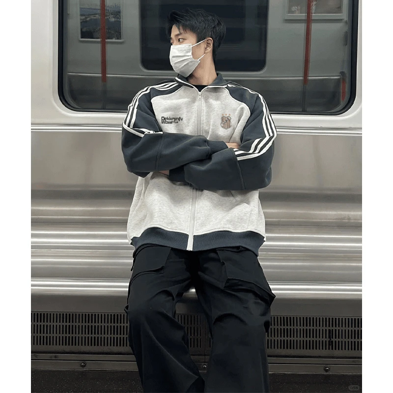 美式ins潮牌字母印花拉链卫衣男秋冬季宽松立领加绒加厚外套上衣