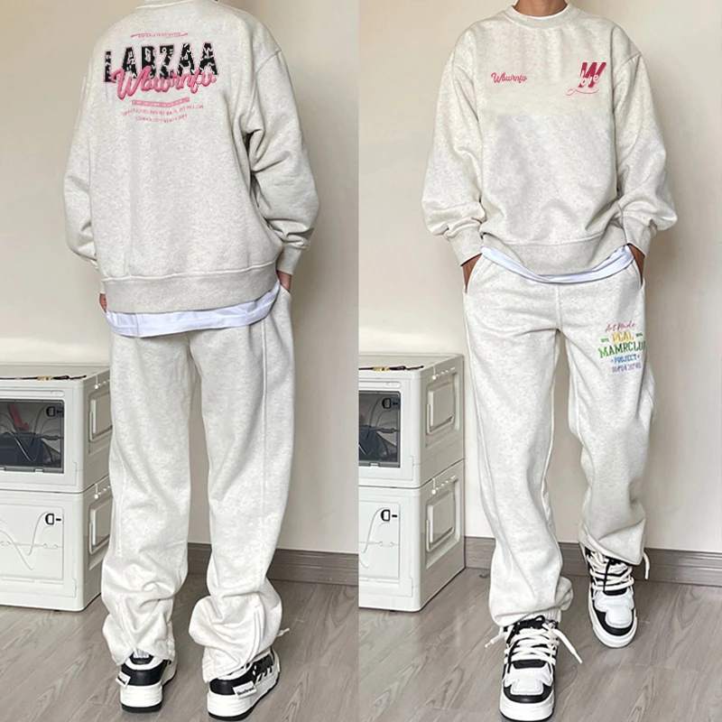 美式潮流字母印花圆领无帽卫衣男秋季ins休闲宽松白灰色套头上衣